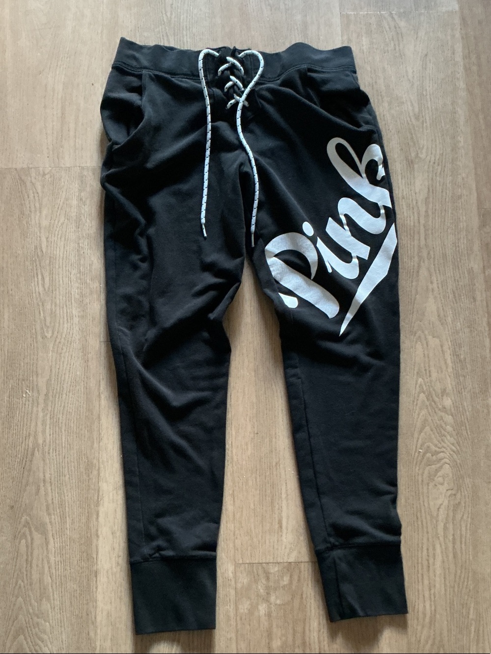 PINK Victoria's Secret Black Joggers with White Script Logo small